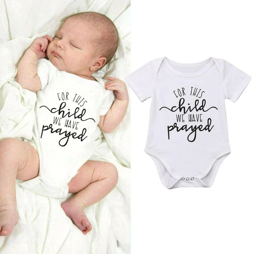 

2021 Newborn Baby Bodysuits for This Child We Have Prayed Letters Baby Girl Bodysuit Short Sleeve Summer Toddler Playsuit