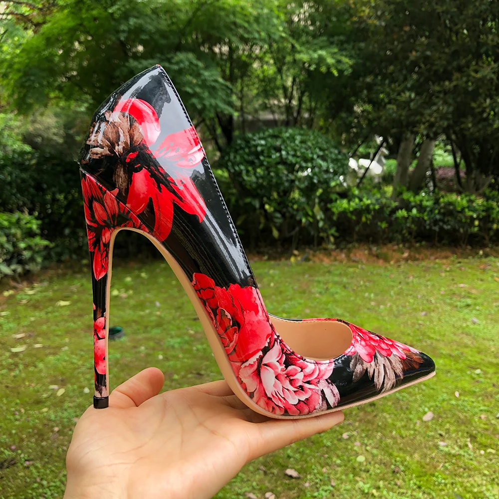 Tikicup Women Glossy Floral Printed Pointed Toe High Heels 8cm 10cm 12cm Ladies Party Dress Shoes Sexy Patent Stiletto Pumps