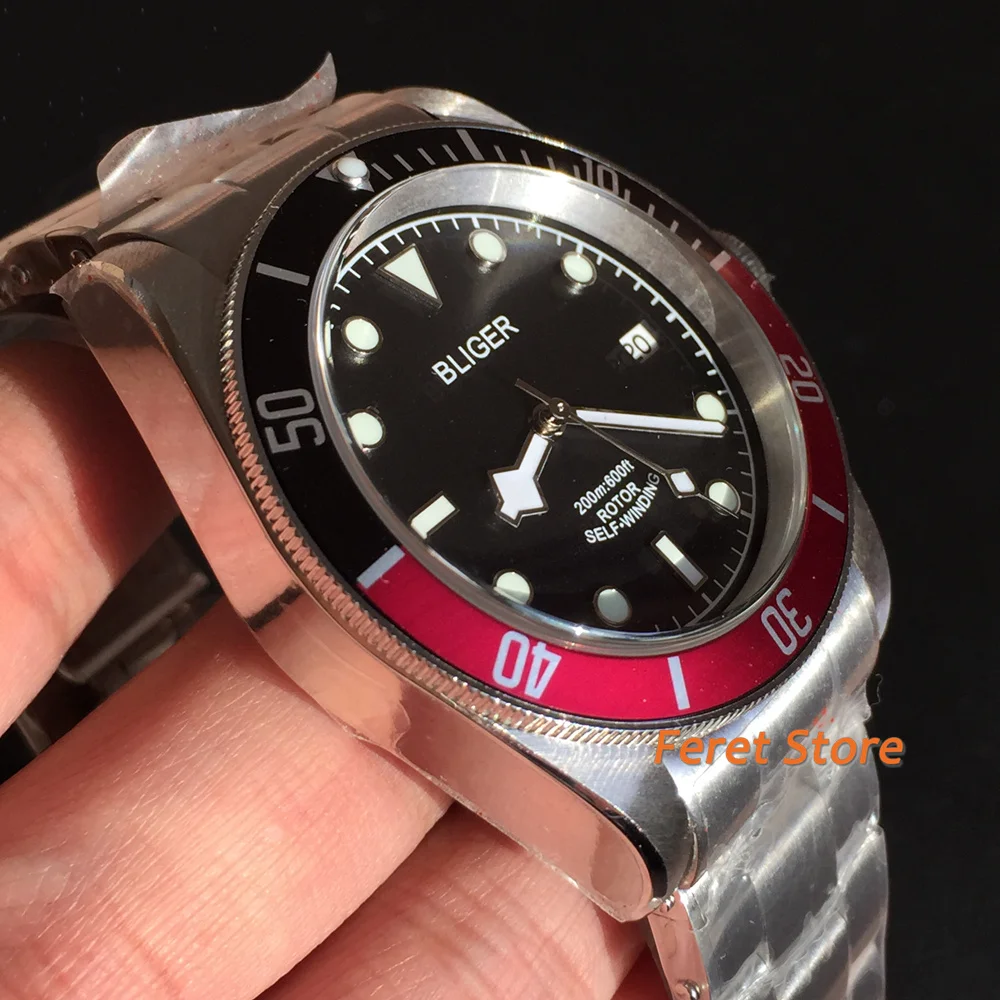 BLIGER 41mm Automatic Watch Stainless Date red and black Bezel Luxury Brand Sapphire Crystal NH35A Luminous Men Mechanical Watch