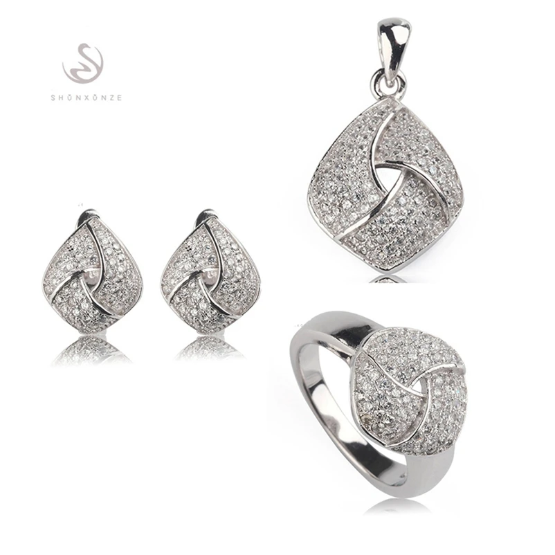 

SHUNXUNZE Luxury Wedding Jewelry Sets For Women Accessories (Ring/Earring/Pendant) White Cubic Zirconia Rhodium Plated R3252Set