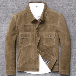 Quality High Mens Cow Suede Jacket Vintage Slim Fit Business Man Genuine Leather Jacket Spring Autumn Man Outwear Coat Plus Size