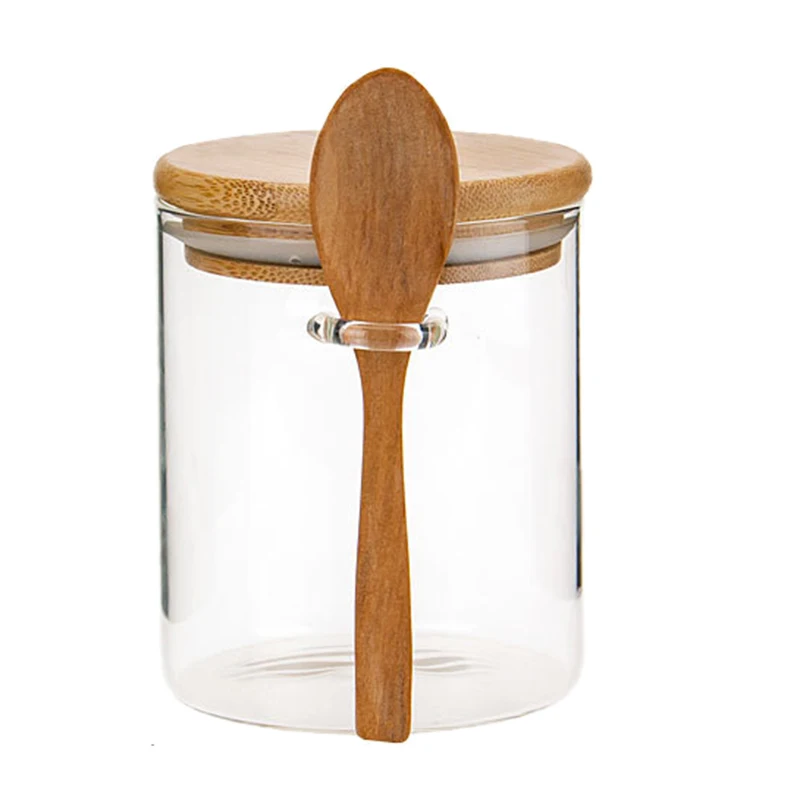 WSFS Hot Glass Food Airtight Canister Castor Wooden Twist Lid Kitchen Candy Storage Tank Jar Bamboo Food Container with Wooden S