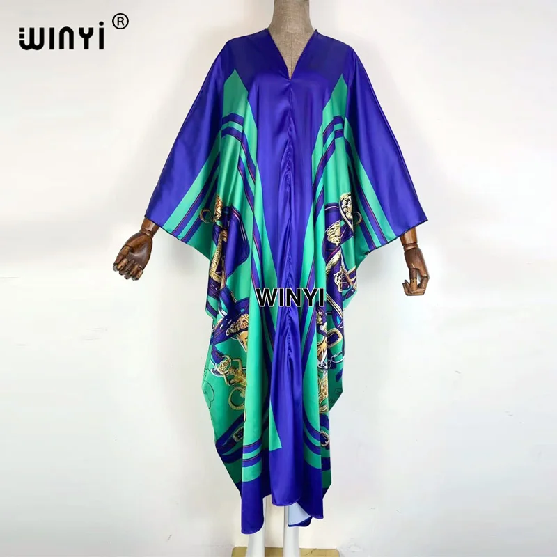 Bahrain high-quality hand-rolled twill fashion print 2021 WINYI Maxi women's robes long beach V-neck Bohemian dress