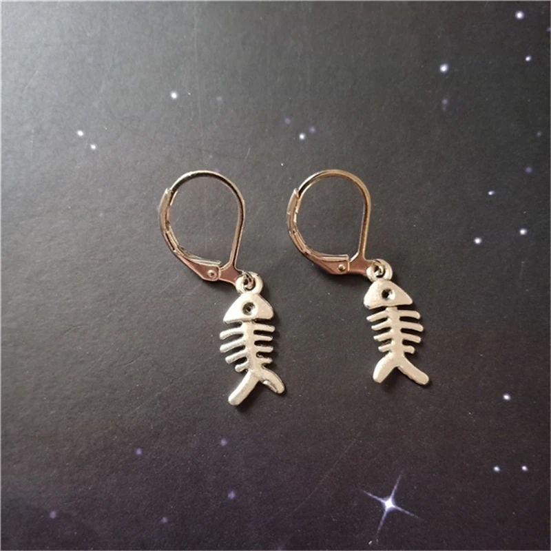 Fish Bone Leverback Earrings, Clip Earrings, Skeleton Dangle Leverback Earrings, Geek Jewellery Quirky Earrings Food Jewelry