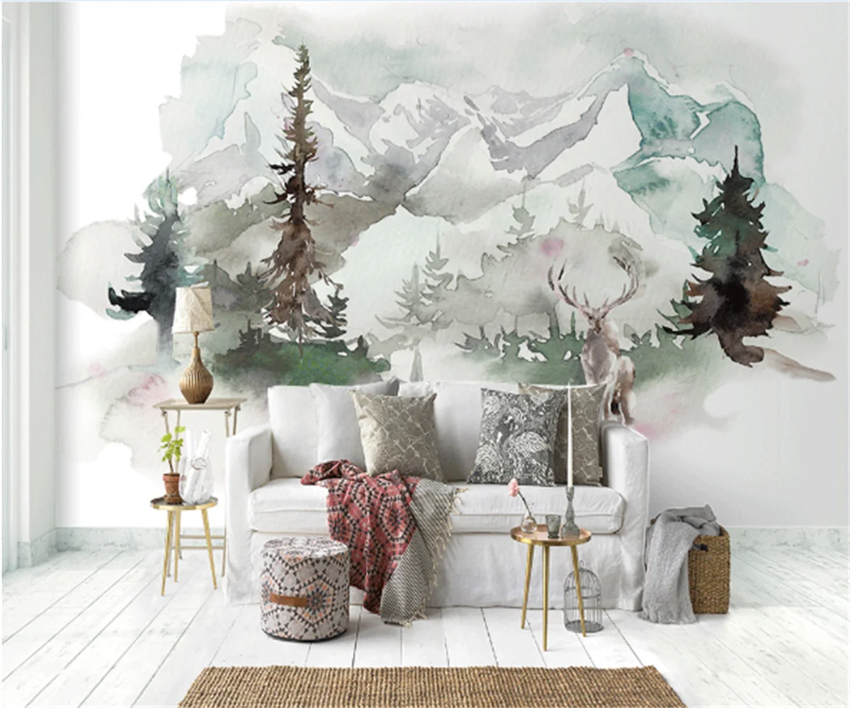 

Custom Nordic Abstract Pine Forest Elk Indoor Background Wallpaper Living Room Bedroom Decoration Photo Wallpaper