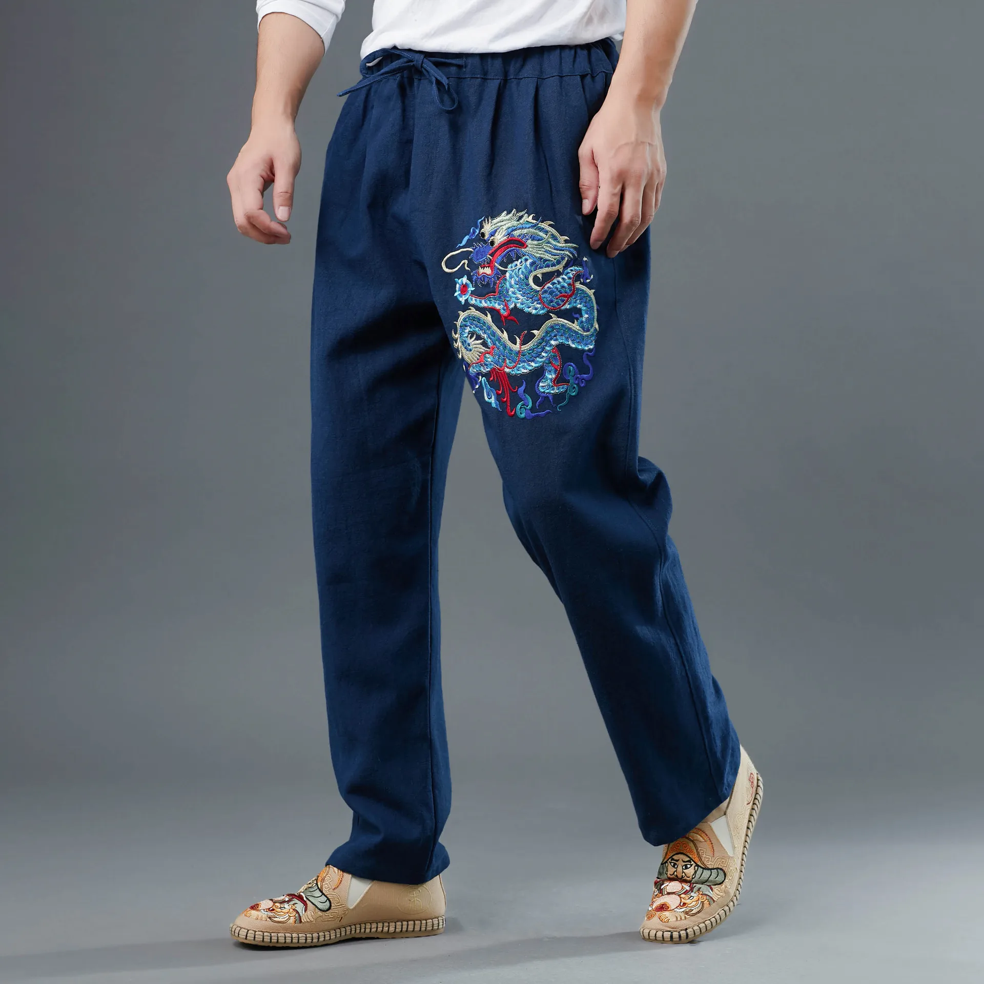 Men Yoga Tai Chi Pant Linen Embroidery Chinese Traditional Loose Sweatpant Bloomers Casual Jogger Running Workout Pant Trousers