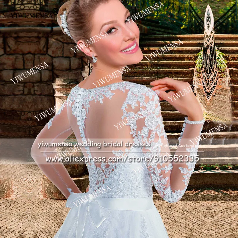 YIWUMENSA Luxury Princess A Line abito da sposa Appliques di pizzo bianco scollo A V perline lunghezza del pavimento bottoni indietro illusione abito da sposa