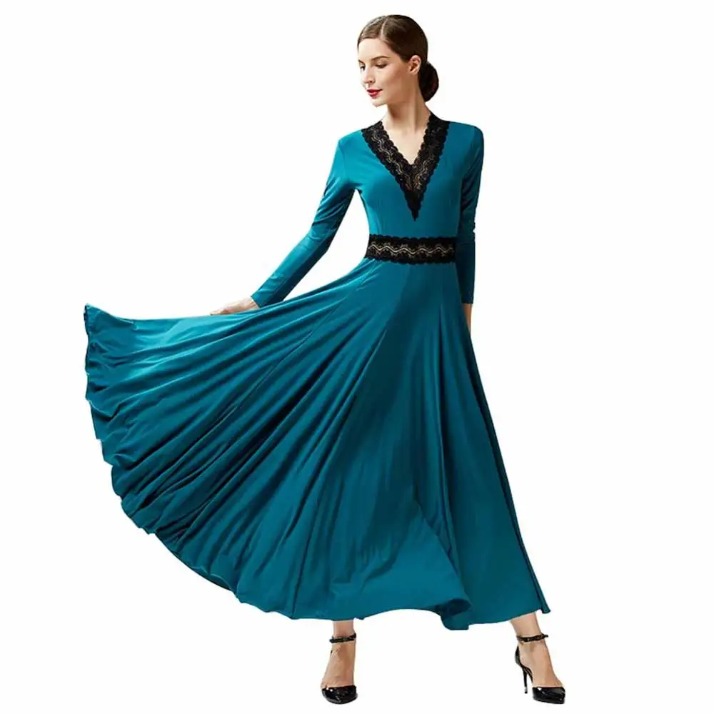 Vestido de dança de salão para mulheres, vestidos longos formais, renda gola v, vestido valsa, roupa padrão feminina, traje moderno