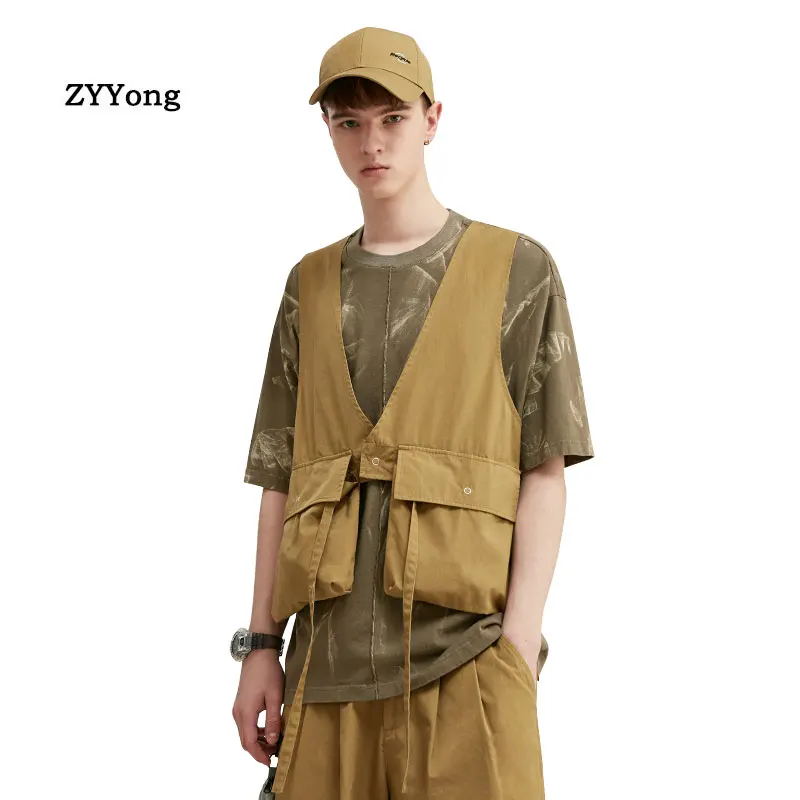 Summer Men Vest Jackets Youth Fashion Leisure Streetwear Hip Hop Gilet Travel Sleeveless Tooling Style Loose Big Pocket Coat Set