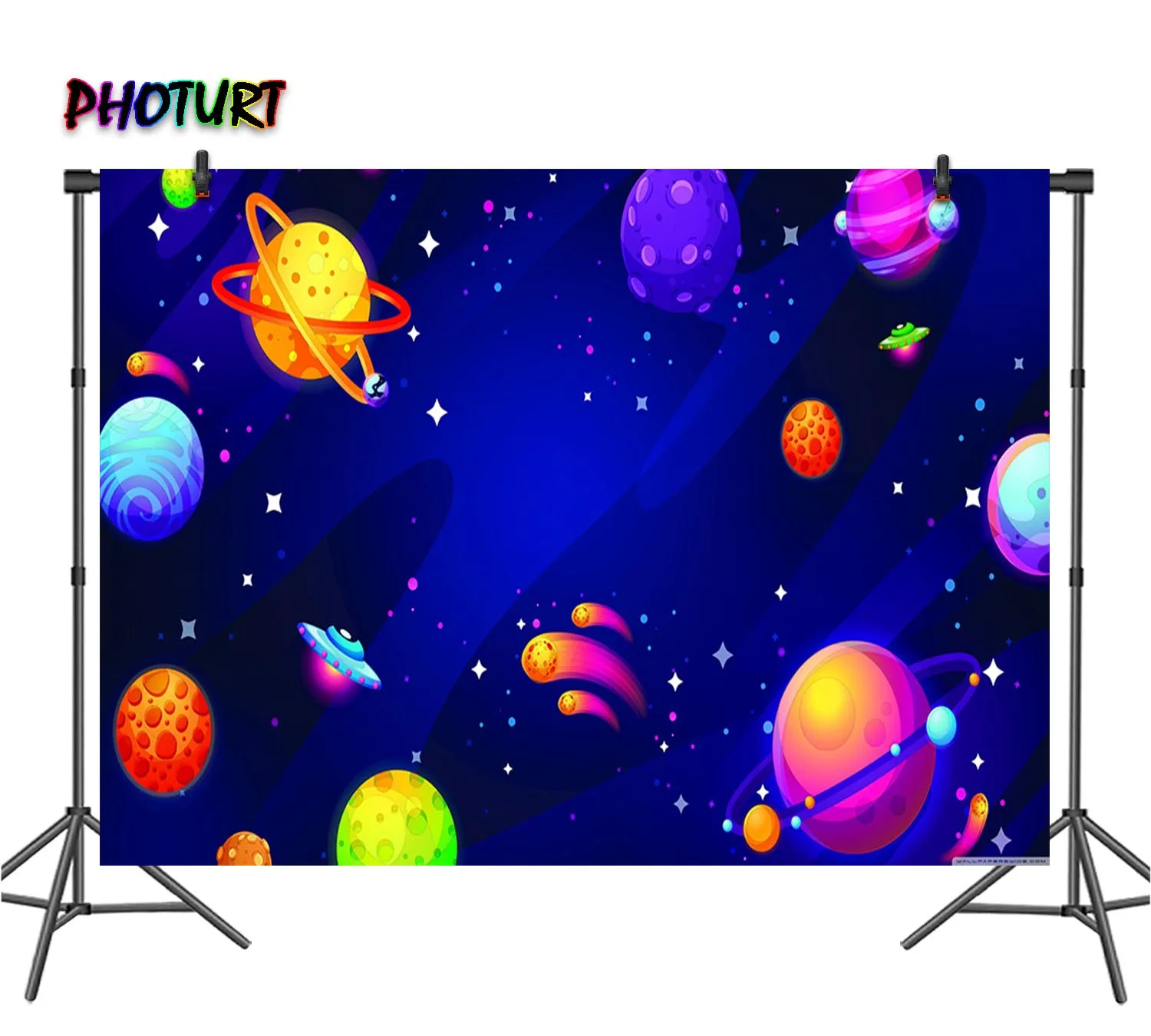 

PHOTURT UFO Planets Photography Backdrop 1st Birthday Party Background Dark Blue Universe Vinyl Photo Banner Studios Props