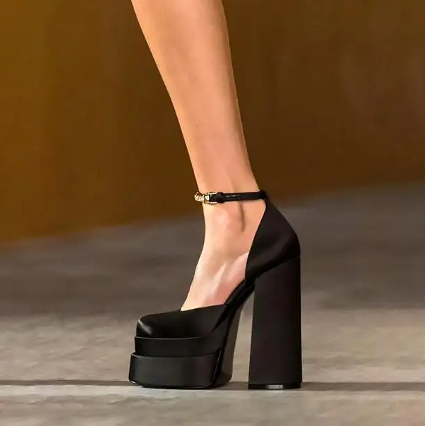 Sexy Woman Black Silk Leather Square Toe Platform Super Heels Buckle Pumps Female Shallow Thick Sole Chunky Heel Dress Shoes