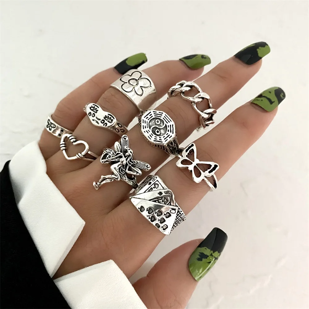 KISSWIFE Punk Gothic Angel Fairy Rings Set for Women Men Retro Silver Color Plated Butterfly Heart Charm Finger Ring Jewelry