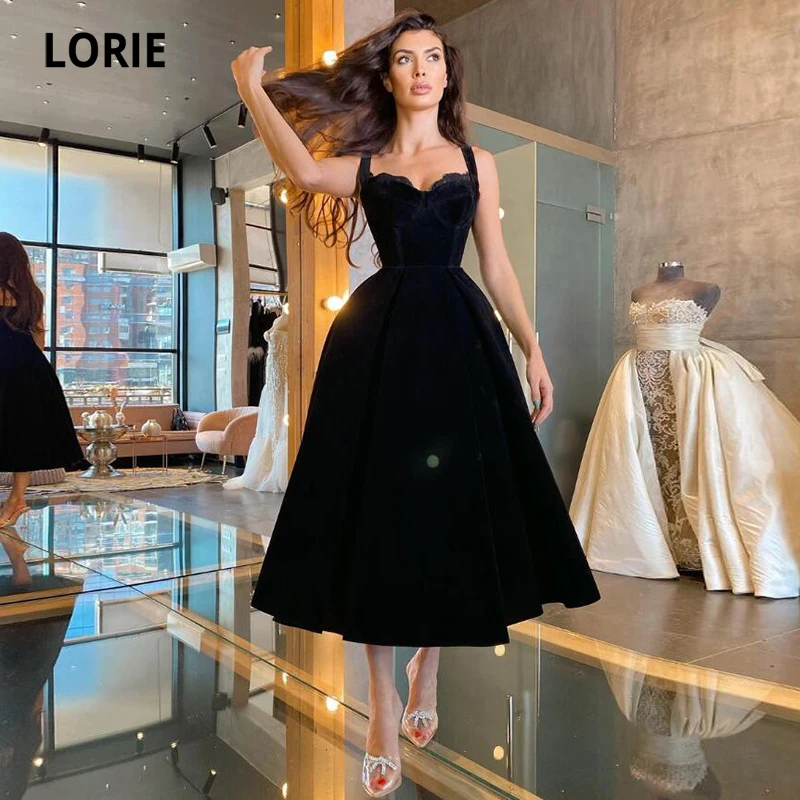 LORIE Black Prom Dresses Sweetheart Spaghetti Strap A-Line Velvet Mid Length Celebrity Party Dress Girl Graduation Gown 2021