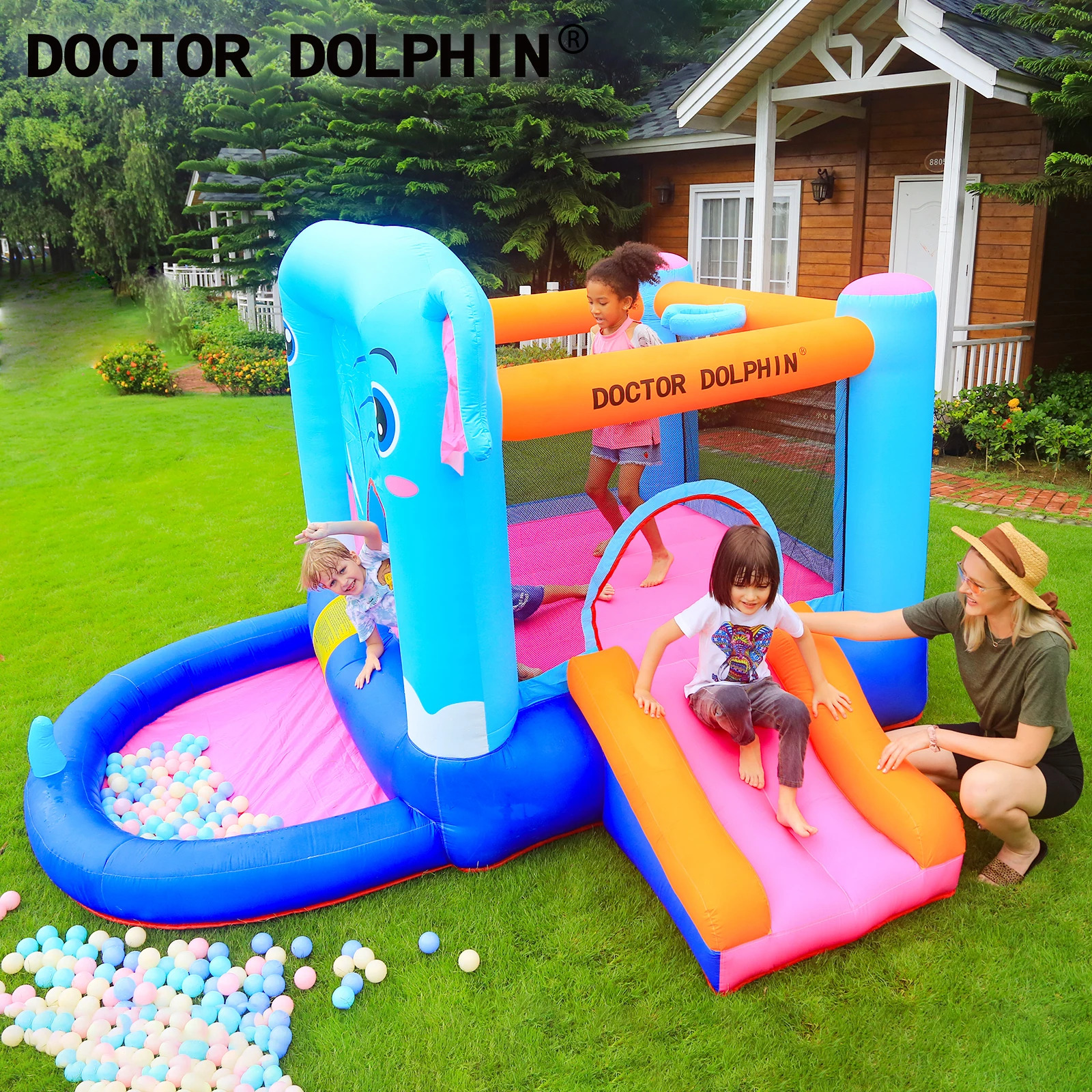 Doctor Dolphin Inflatable Bounce House, 10.1X8.8X6 FT Jumping Castle with Slide & Ball Pit for Kids, Indoor & Outdoor Playhouse