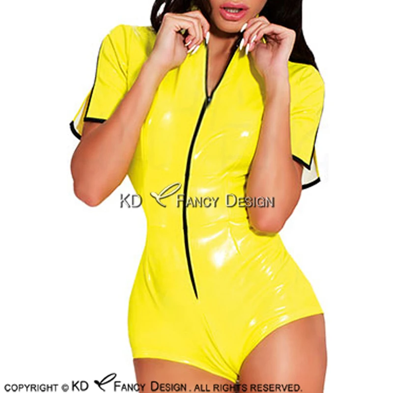 Gelb Und Schwarz Sexy Latex Badeanzug Mit Zipper Vorne Auf Schulter Gummi Körper Anzug Body Zentai LTY-0168