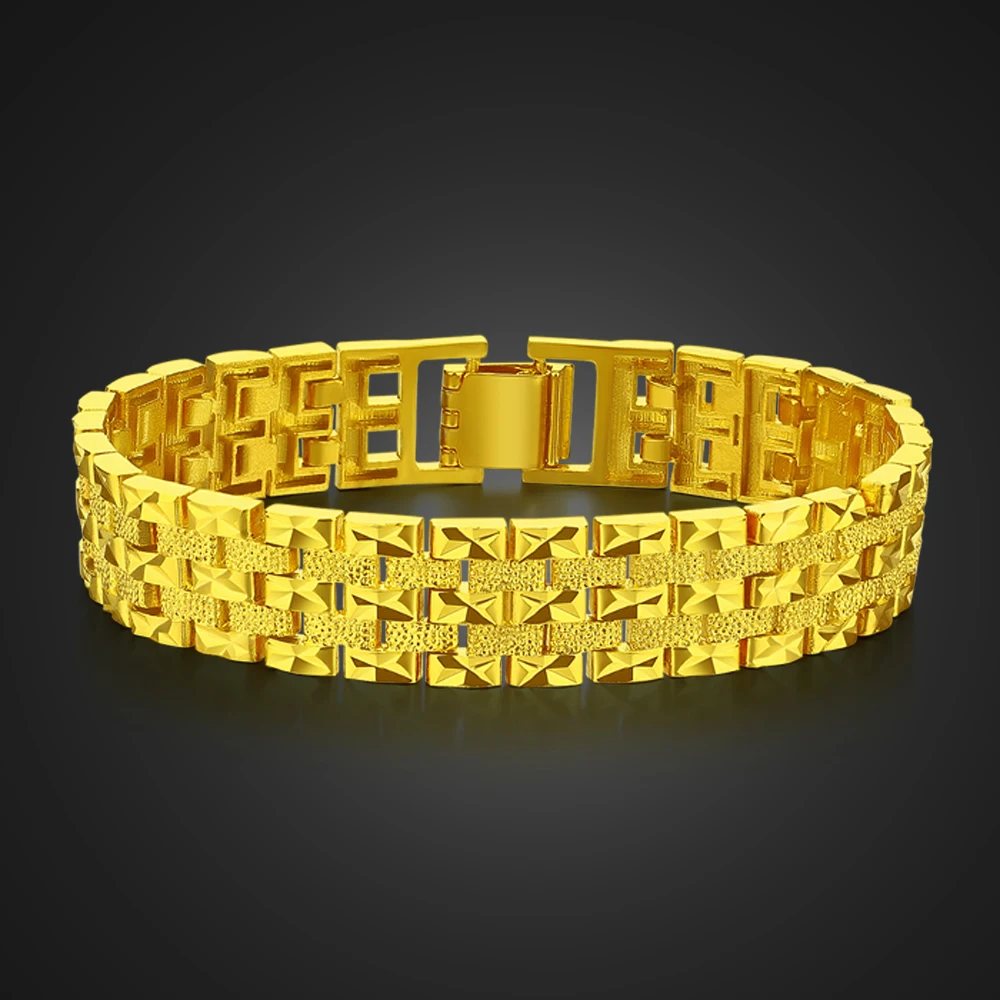 Link Chain on Hand 24K Golden Plated Bangles Bracelets for Men Women 925 Silver Fashion Hip Hop Boys Female Wristband Jewelry