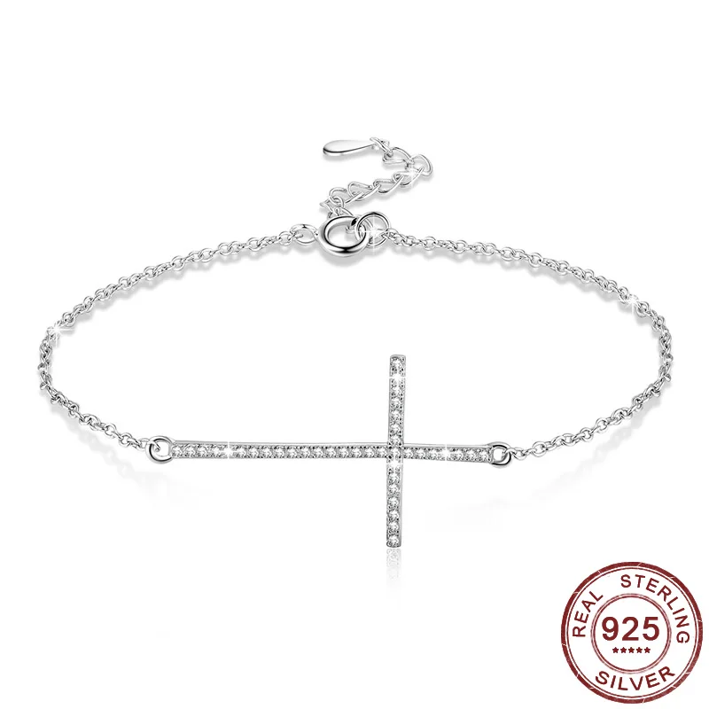 925 Sterling Silber Jesus Christian Kreuz Armbänder Trendy Einfache Design Micro Pflastern Zirkon CZ Religiöse Schmuck Verstellbaren Kette