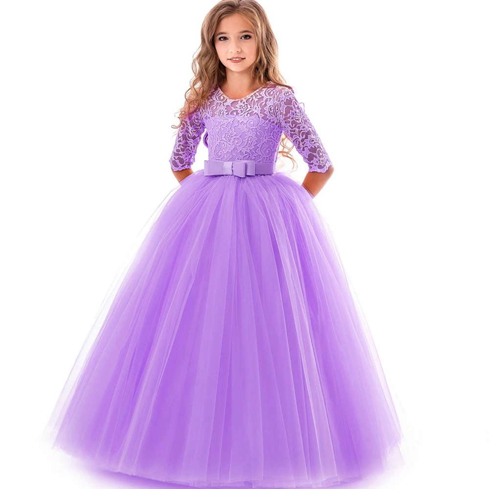 Lace Half Sleeve Dress Girls First Communion Princess Dress Tulle Bow Kids Dresses For Girls Long Dress Junior Girl Dress