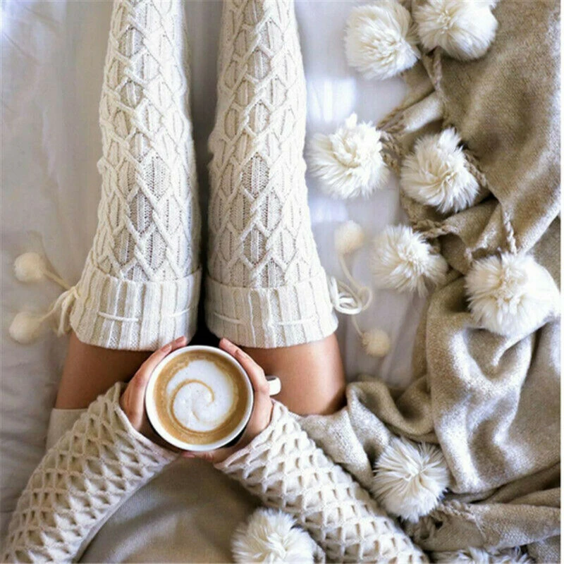 Women Winter Knitted Cotton Stocking Warm Thigh High Over the Knee Socks Fashion Twist Cable Crochet