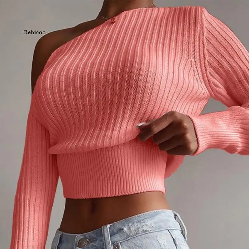 New Sexy Off Shoulder Women\' Sweater Jumper Spring Long Sleeve Knitted Crop Tops Fashion Solid Lady Pullover Sweaters Streetwear