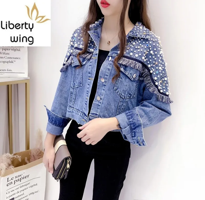 

High Street Embroidered Flares Tassel Womens Shorts Coats Fashion Casual Long Sleeve Single Breasted Lapel Female Denim Jackets