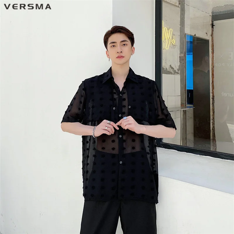 VERSMA Japanese Vintage Style Chiffon Polka Dot Transparent Shirt Stage Costumes For Singers Short Sleeve Shirt Men Dropshipping