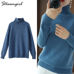 Streamgirl Winter Sweater Women Turtleneck Pullovers Solid Knitted Tops White Turtleneck Sweaters For Women Spring Blue Sweater