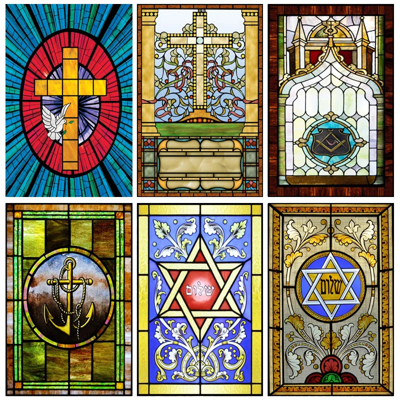 Window Film Frosted Religious Stained Glass Films,Customized Crosses Dove Static Cling Church Pattern for Office Home Decor