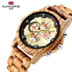 KUNHUANG orologi da uomo in legno dorato completamente funzionali orologi da uomo al quarzo in legno sportivo da uomo orologio da polso impermeabile Relogio Masculino