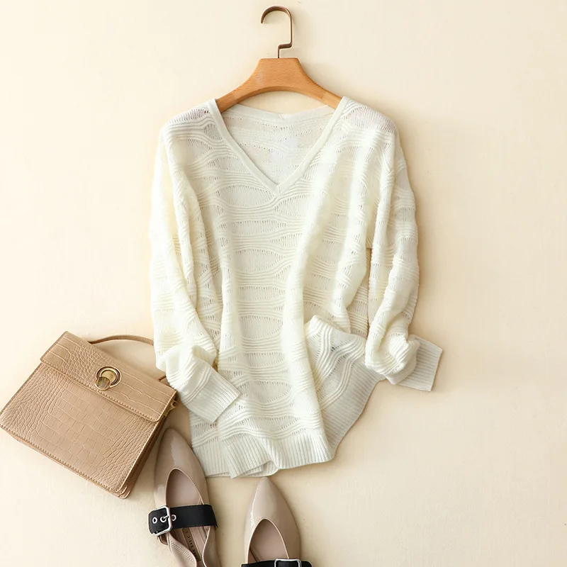 

high quality 100% cashmere sweater women v neck loose style knitted pullovers white long sleeve autumn winter casual jumper