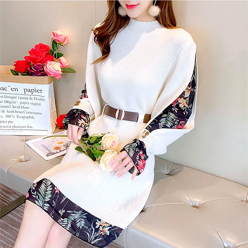 

With Belt Women's Knitted Chiffon Patchwork Dress Elegant Party Ruffles Dresses Vestidos Woman Black White Red Dress SY296