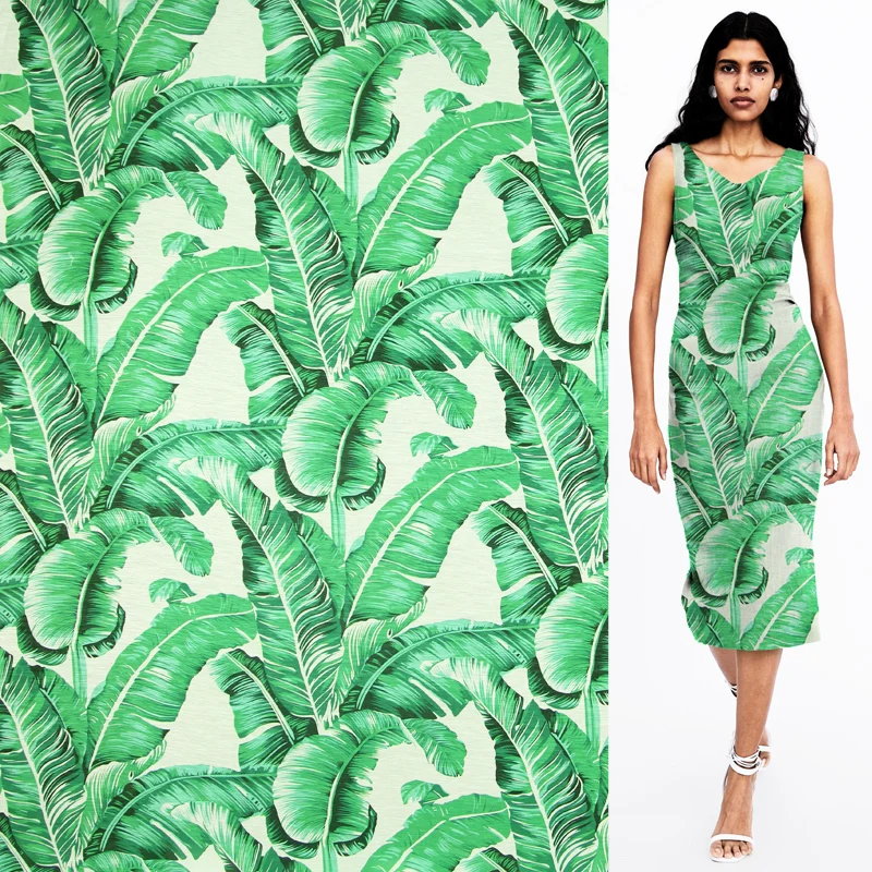 Big green banana leaves print silk and linen blended fabric 140cm width,SLN178