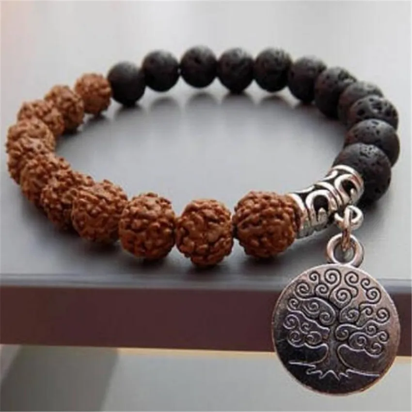 8mm Rudraksha Lavas Mala Bracelets Tree Pendant Buddhism Stretchy Sutra Yoga Pray Tibet silver Stretchy Mala Unisex Reiki Prayer