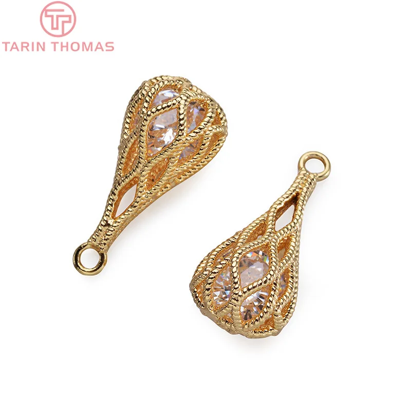 (592)4PCS 20*10MM 24K Champagne Gold Color Brass with Zircon Double Drop Charms Pendants High Quality Jewelry Accessories