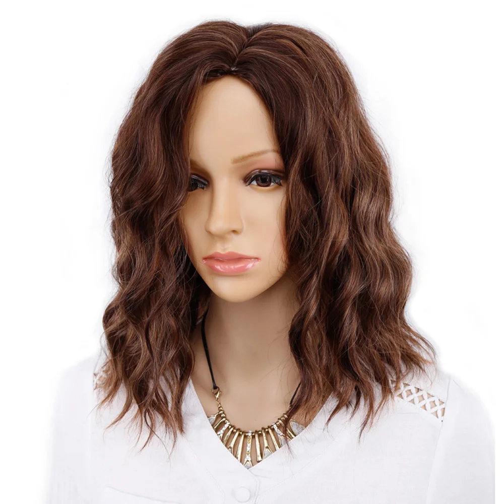 14 Inch Synthetic Short Bob Wavy Wig Blonde Ombre Brown Wigs With side bangs for Black Women False Hair