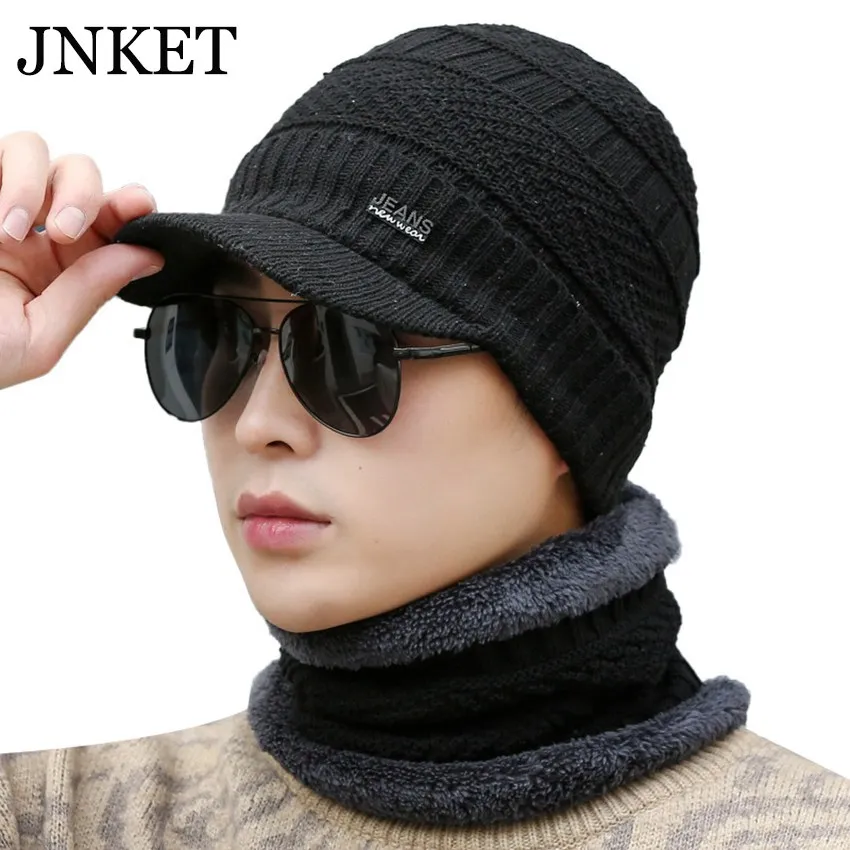 JNKET Casual Men Women Winter Warm Knitted Hat Fleece Lining Cap Scarf Sets Elastic Knitted Hat Bonnet