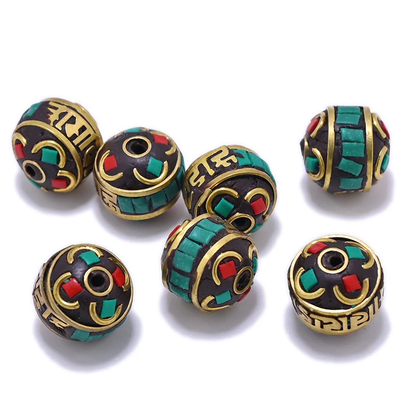 TZ-K06 Handmade Nepal Tibetan Brass Craft Beads for Necklace Jewelry Making DIY Accessories Clay Inlaid Colorful Orb Bead