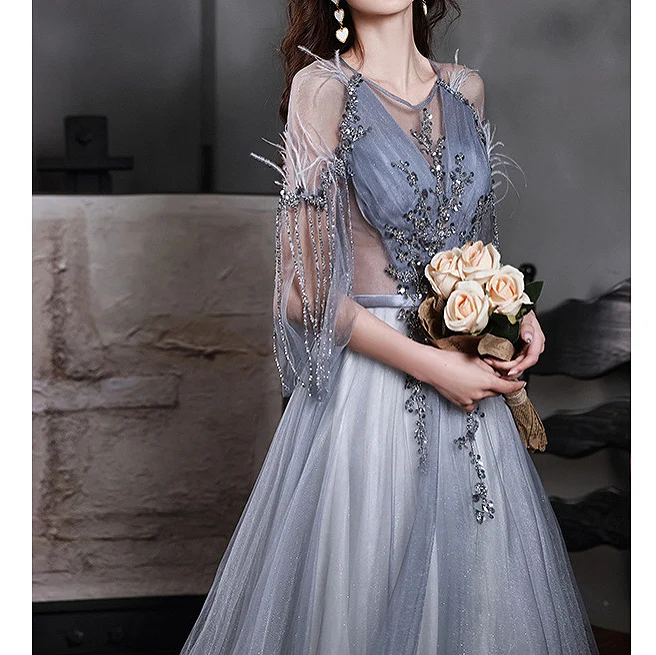 2024 Elegant Lake Blue Prom Dresses Scoop A-Line Tulle Sequined Perspective Tassel Sleeves Formal Banquet Party Evening Gowns