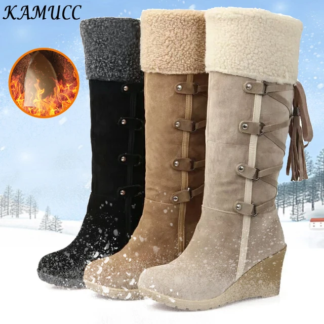 2021 Women Mid Calf Boots Women Winter Shoes Warm Cotton Shoes Snow Boots Knee High Boots Ladies Wedge Heels Boots Plus Size AliExpress