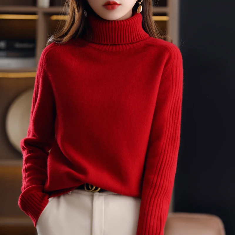 Autunno Inverno Nuovo maglione di pura lana 100% donna camicia base in maglia con risvolto alto cashmere camicetta a maniche lunghe spessa allentata