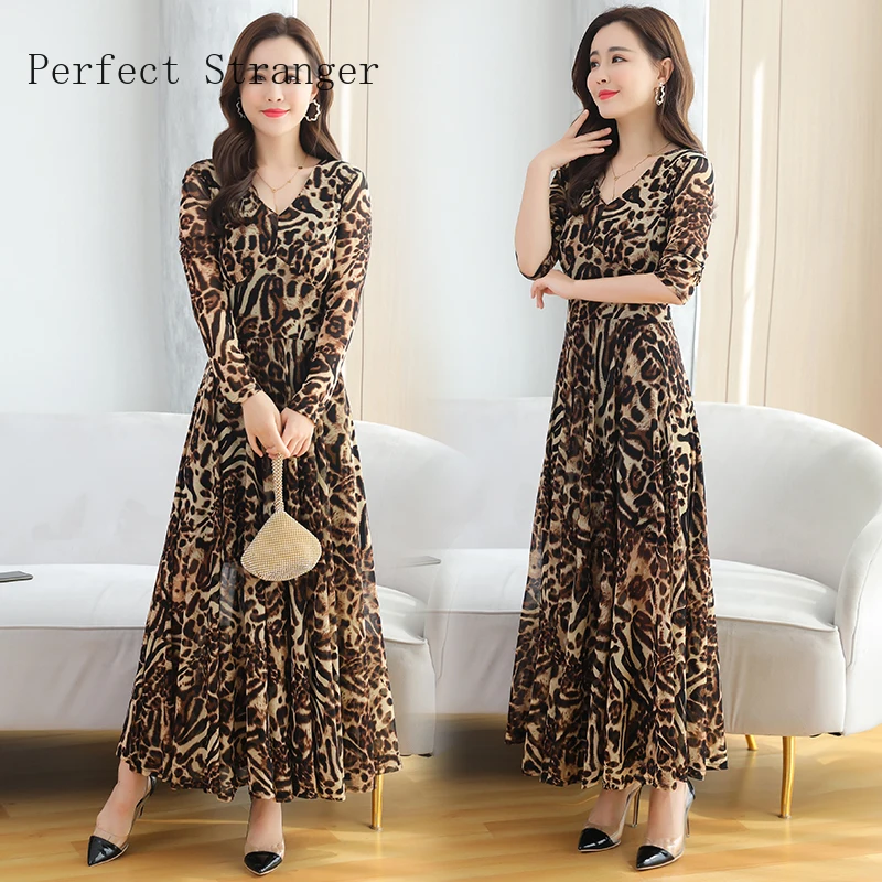 2020 Autumn New Arrival Hot Sale V Collar Leopard Long Sleeve Women Chiffon Long Dress  M-4XL