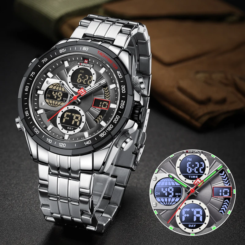 NAVIFORCE Luminous Watches Mens Business Led Digital Dual Time Week Display Waterproof Stainless Steel Wristwatches Reloj Hombre