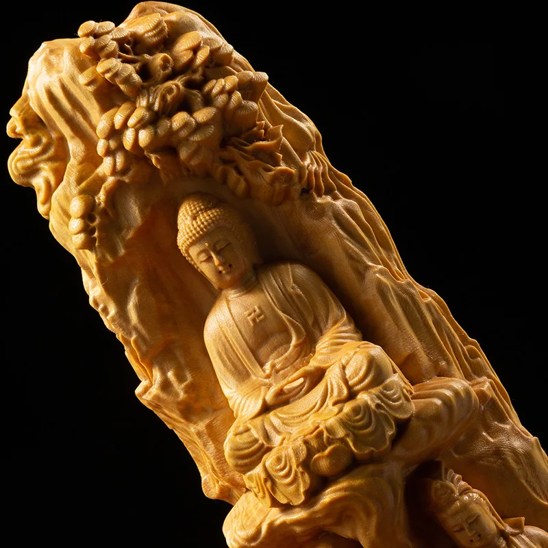 

Hand-Carved Boxwood Guanyin, Amitabha, and Shakyamuni Buddha, Elegant Western Three Saints for Home Worship and Decor