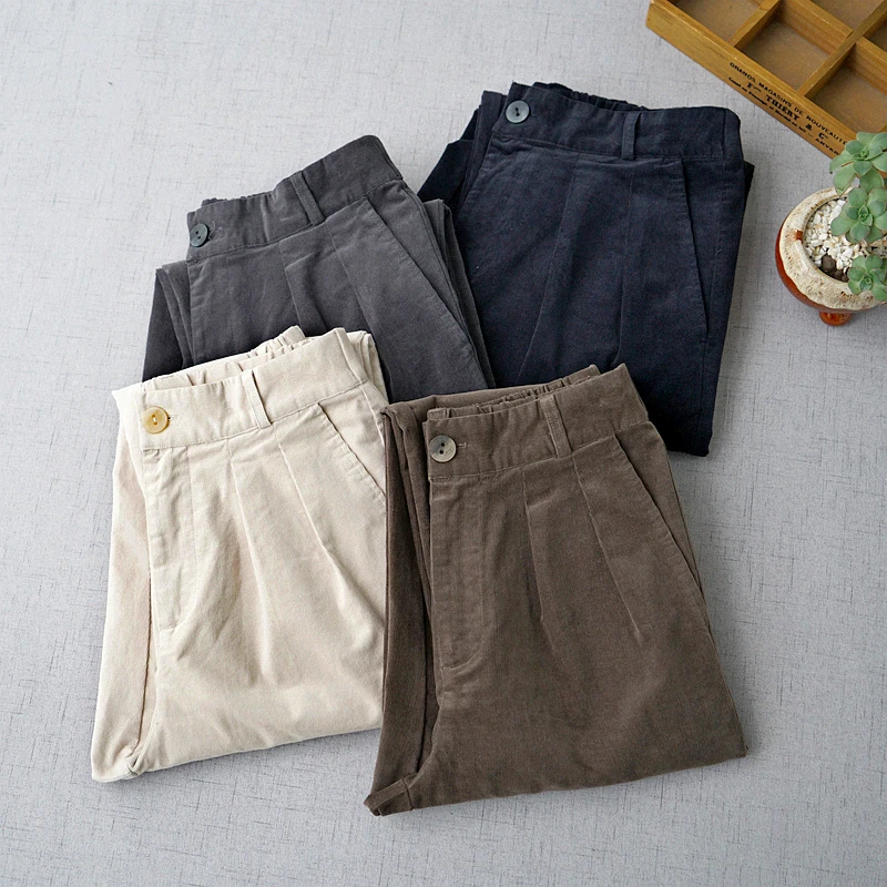 

Autumn Winter Women All-match Loose Plus Size Comfortable Vintage Corduroy Cotton Trousers Elastic Waist Harem Pants