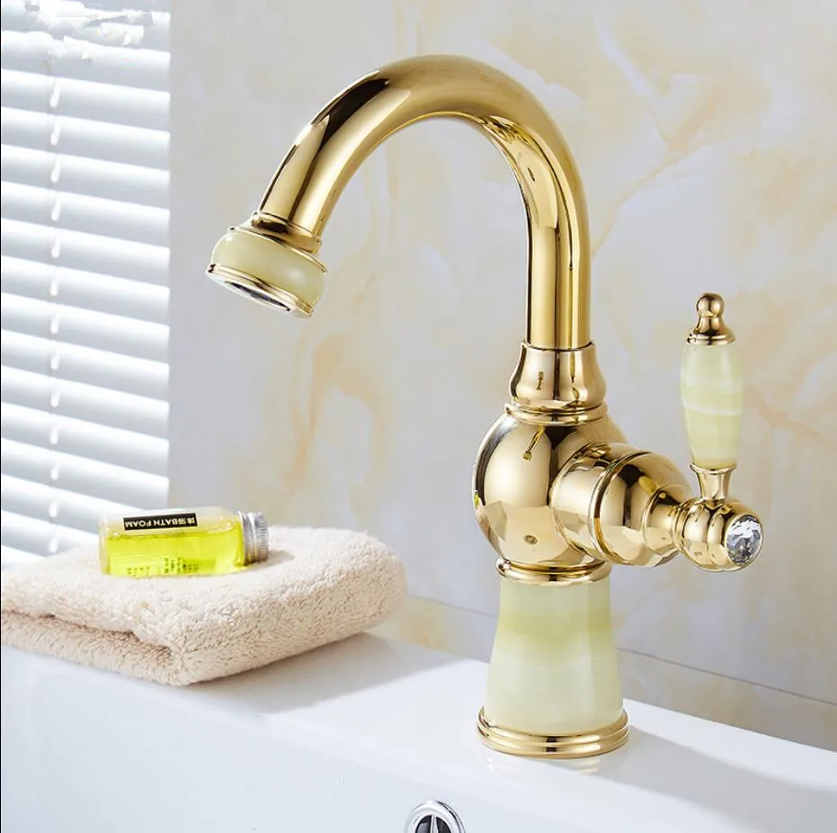 

Vidric Basin Faucet Golden Brass Jade Body 360 Degree Swivel Bathroom Basin Faucet Deck Mount Counter top Water Mixer Tap