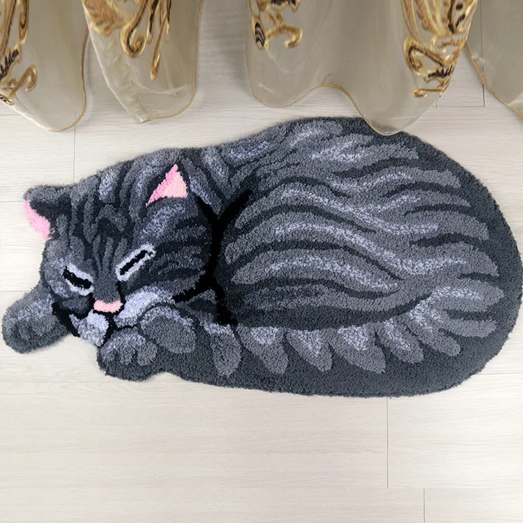 Anti-slip 3D Cat Shape Rug for Children\'s Room Decoration Handmade Carpet Door Mat Gray Brown Living Room Bathroom Area Rug