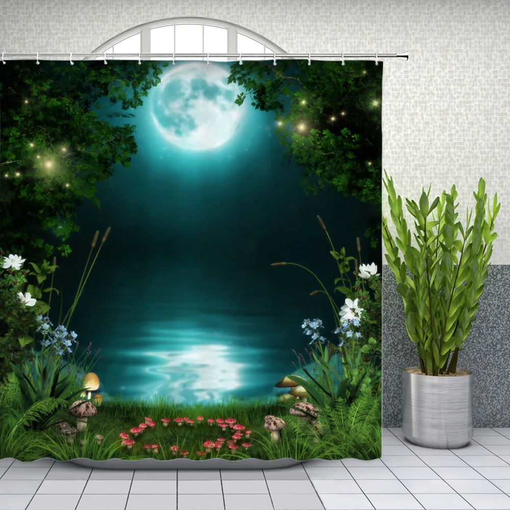 Landscape Shower Curtains Flower Plant Mushroom Night View Fairy Tale Bathroom Decor Home Bathtub Polyester Curtain Set