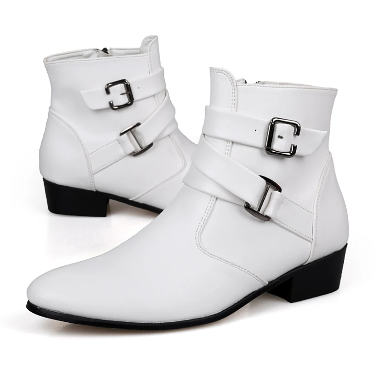 VUSUVON Fashion Men Spring Autumn Pointed Toe Height Increase Chelsea Ankle Boots Western High Top Casual Shoe PU Leather