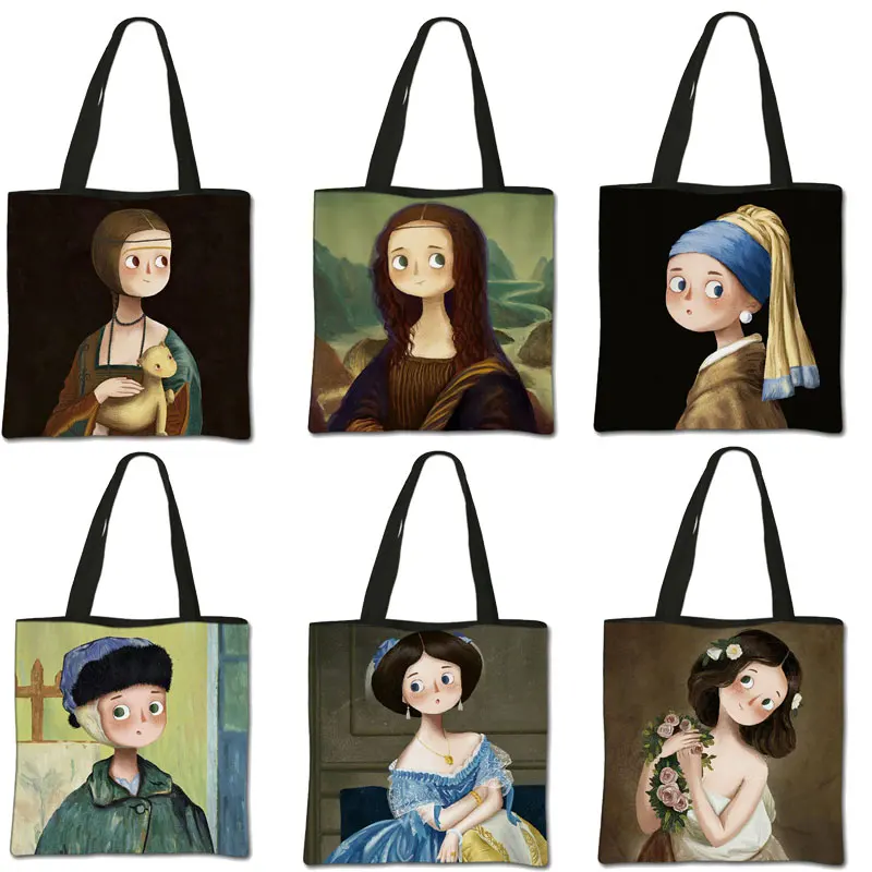 Oil Painting girl shoulder bag female leisure handbag beach bag woman tote bag Funny Mona Lisa Cosplay Folding Shopping Bag