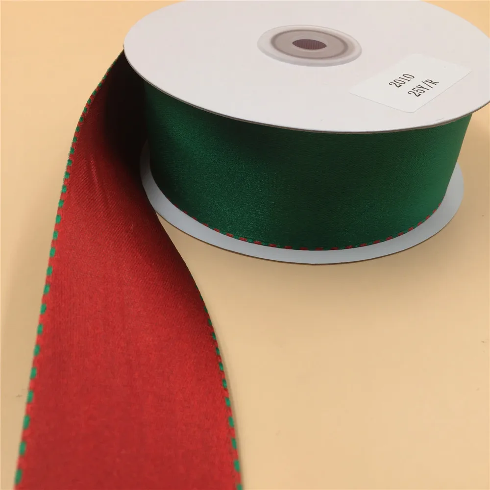 

N2010 38mm(1.5") Christmas red green satin ribbon gift packaging wired edge ribbon 25yards roll